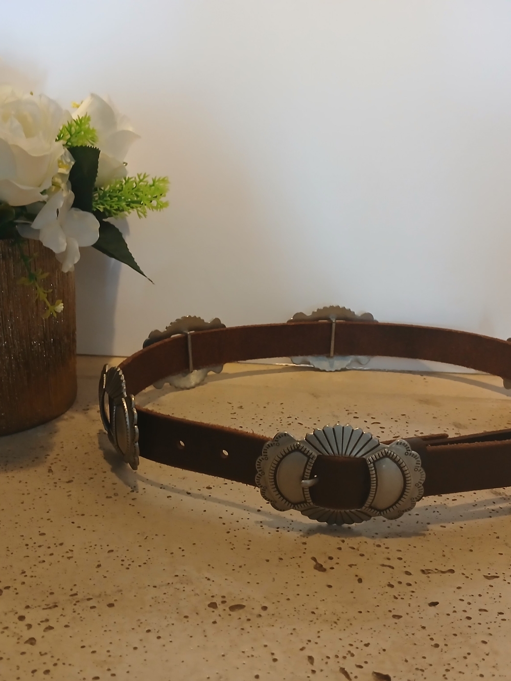Brown Leather Western Concho Belt with Silver Accents